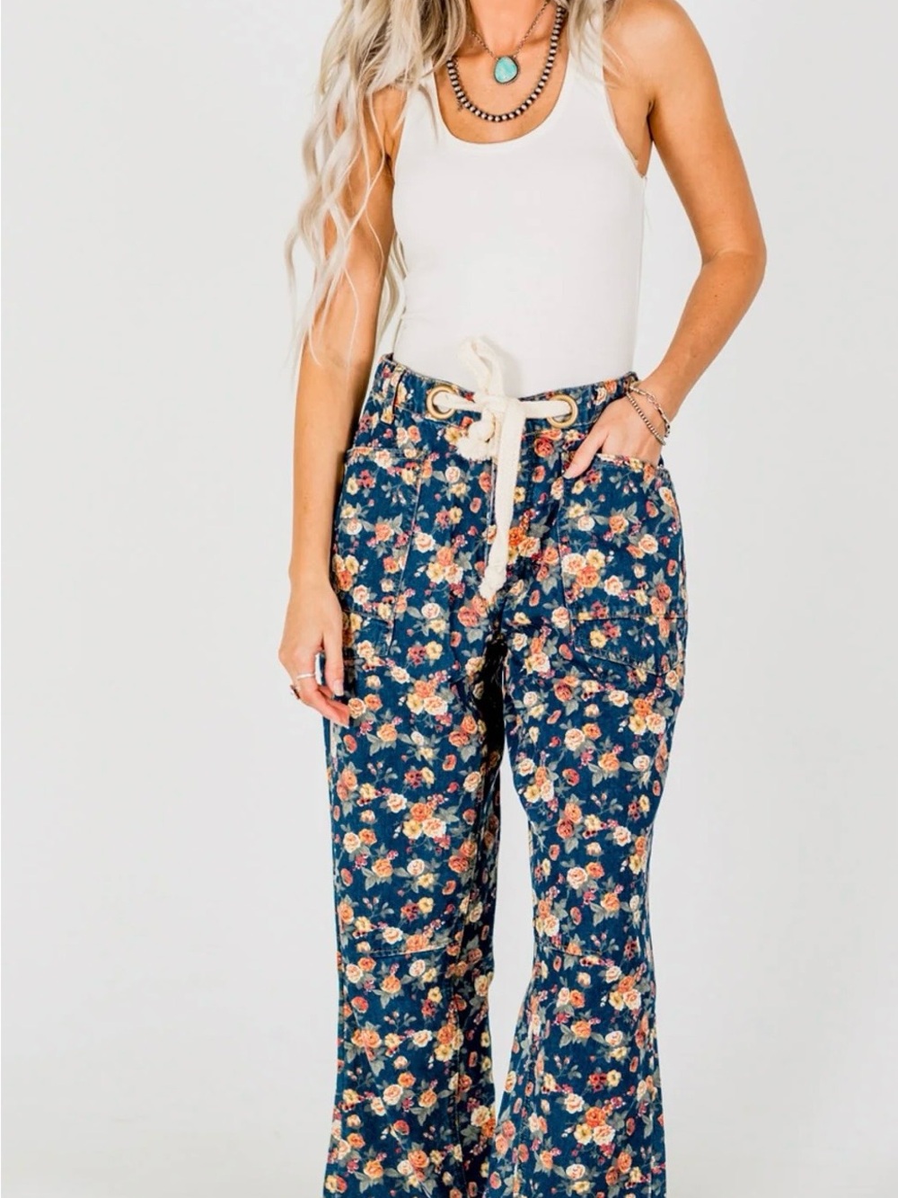 3XL Bibi Mineral Washed Denim Pants With Ditsy Floral Print